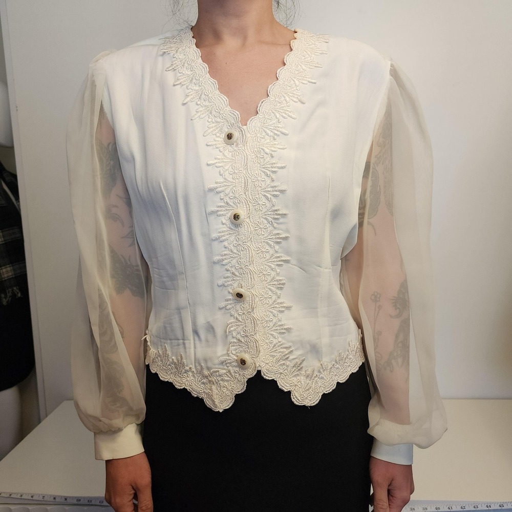 M White‎ Edwardian Vest Blouse, Sheer Sleeves, Size Medium